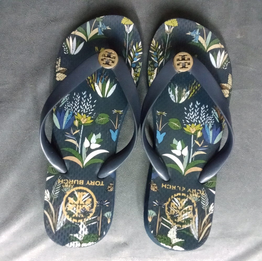 Tory Burch Navy Floral Flip Flops - Picture 1 of 8